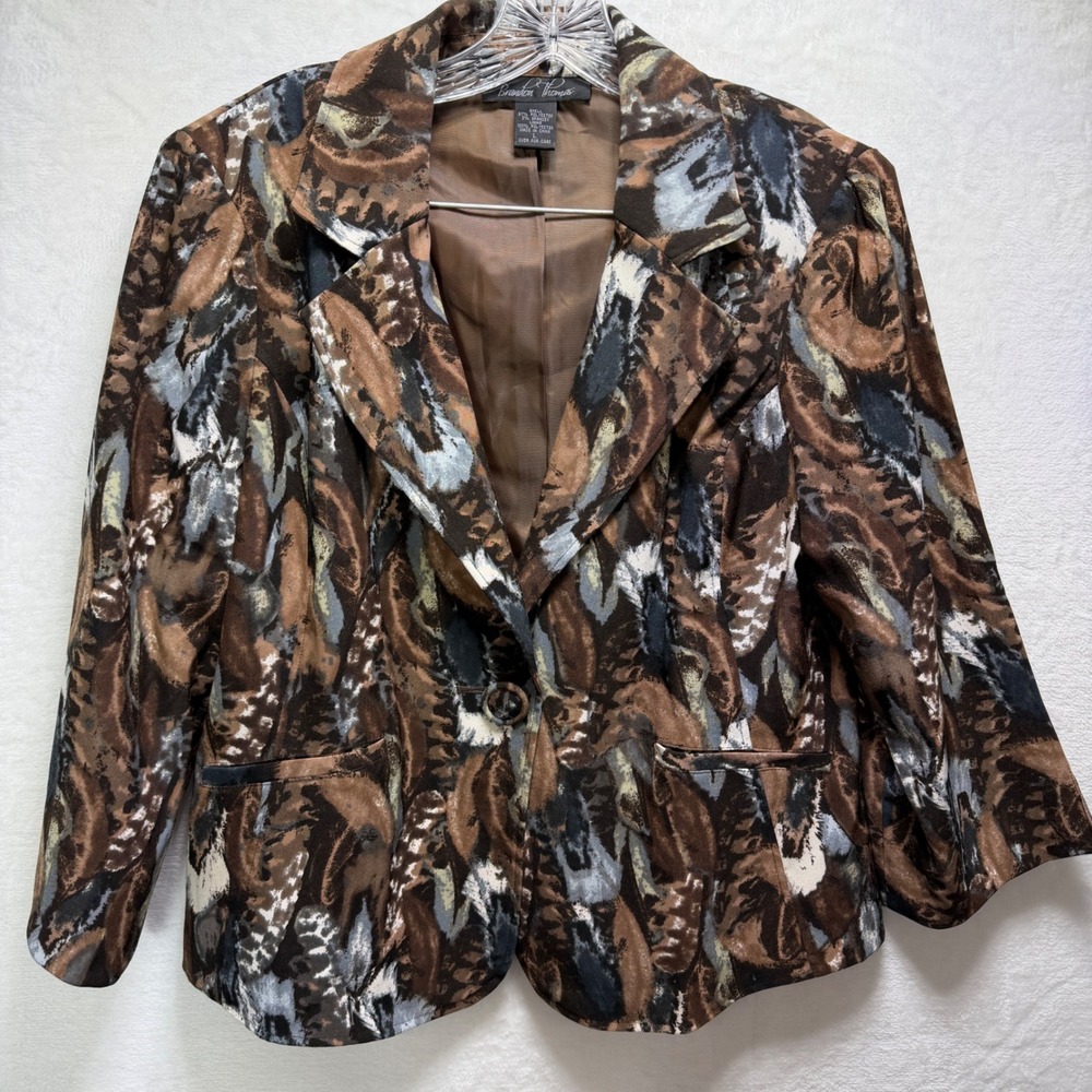 Brandon Thomas Womens L Brown Abstract Feather Print Single Button Blazer Mature